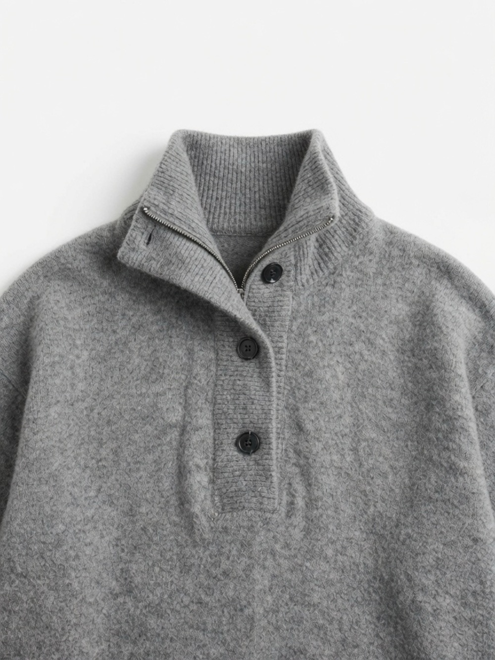 Arket Gray Button-Up Funnel Neck Wool Sweater